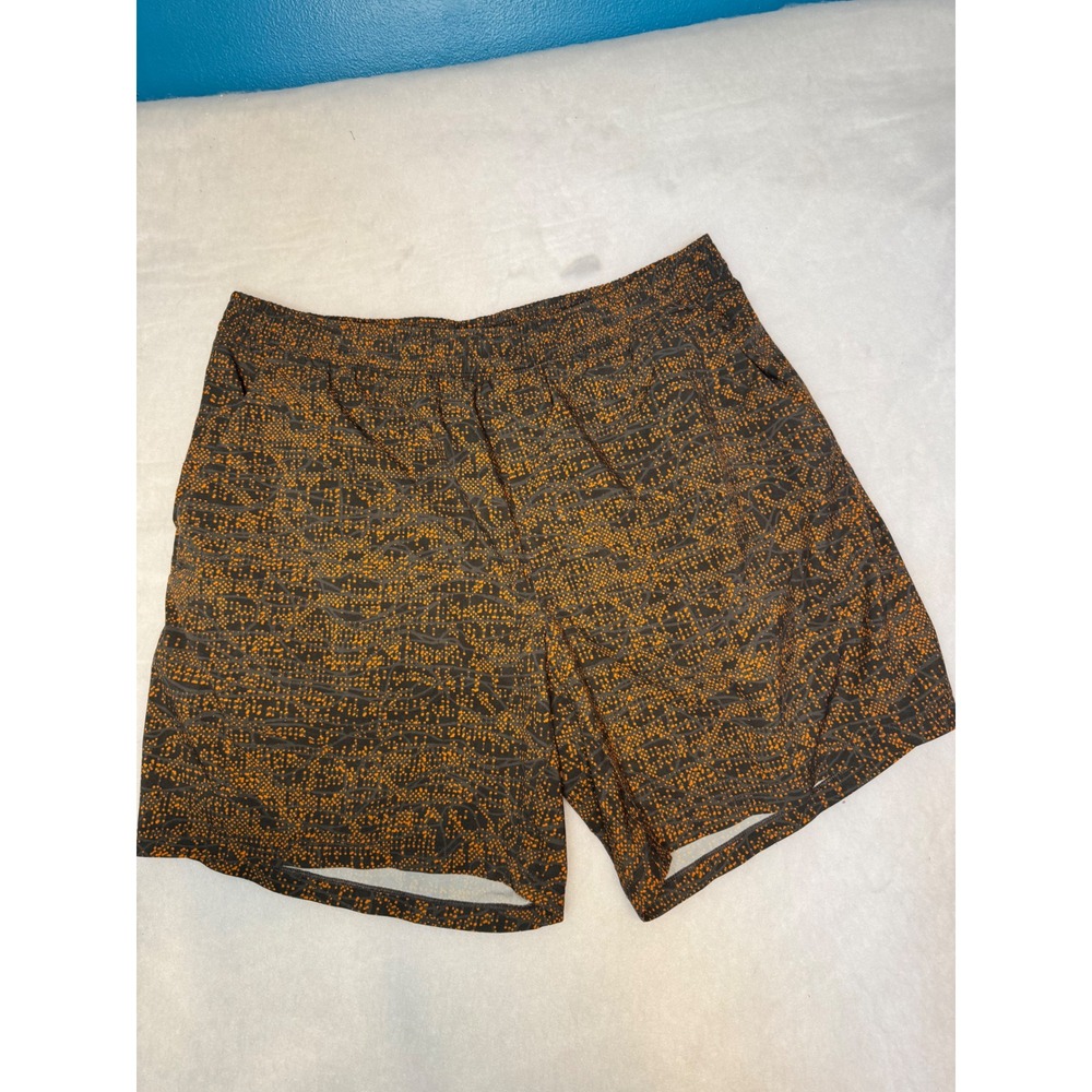 Lululemon Mens Athletic Shorts Orange Black Abstract Dot Print Running Training